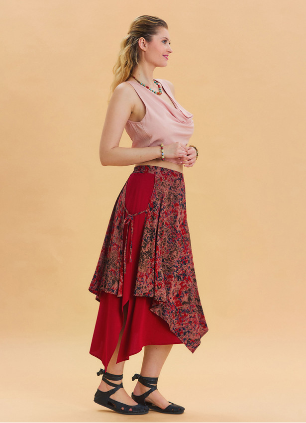 Red Ethnic Skirt with Tie Detail and Elastic Waist Pattern 4522